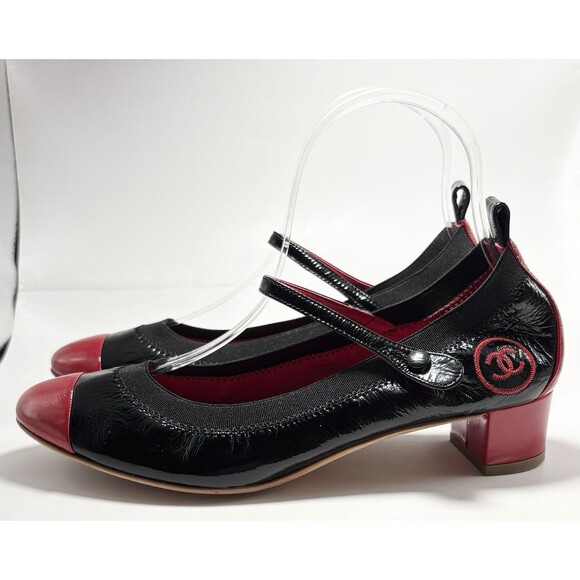 Chanel Mary Jane Block Heels Red & Black Patent Leather Cap Toe Sz EU 36 6 - Picture 2 of 10